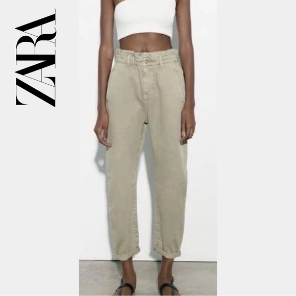 Zara Denim - SOLD🛑ZARA High Waisted Khaki "Paperbag"
Baggy Ankle Jeans Olive Green Sz 2